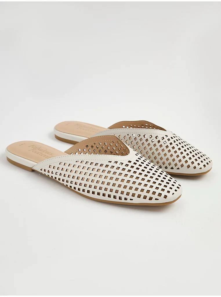 George England White Laser Cut V Front Mule Ballet Shoes اسلیپر مجلسی جورج انگلیس White Laser Cut V Front Mule Ballet Shoes