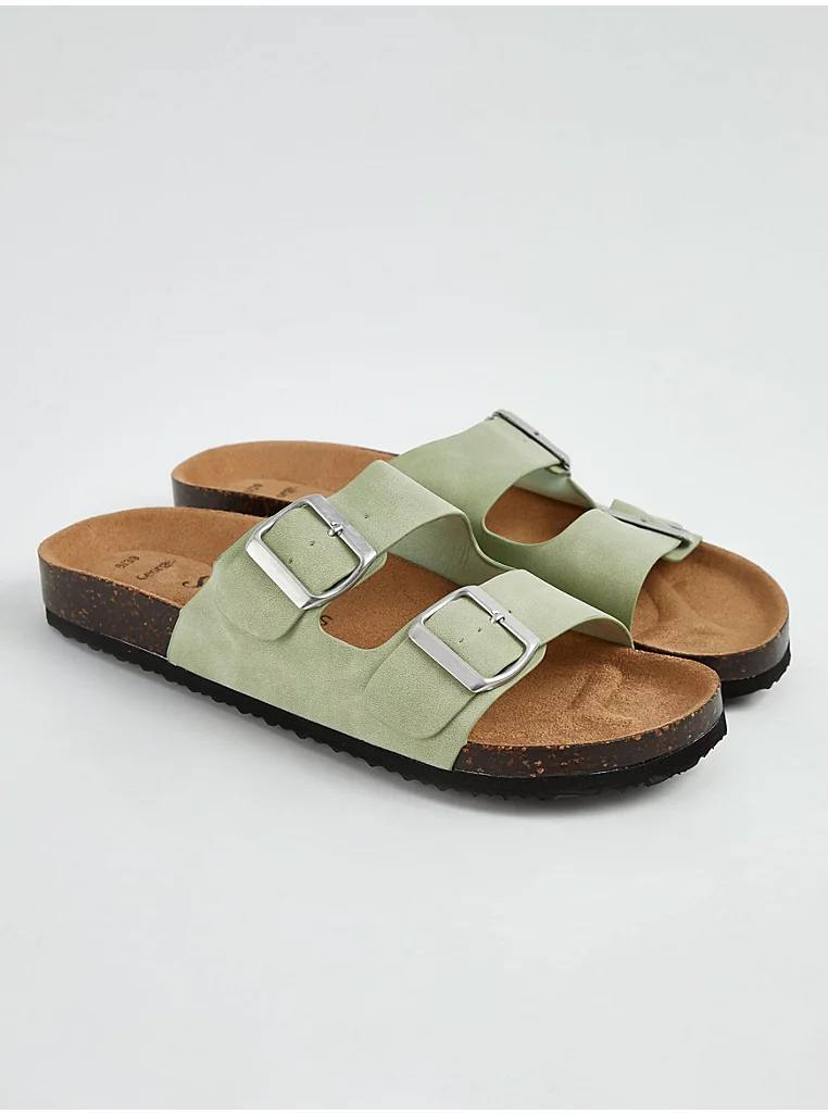George Sage Green Double Buckle Flatbed Sandals صندل طبی جورج Sage Green Double Buckle Flatbed Sandals