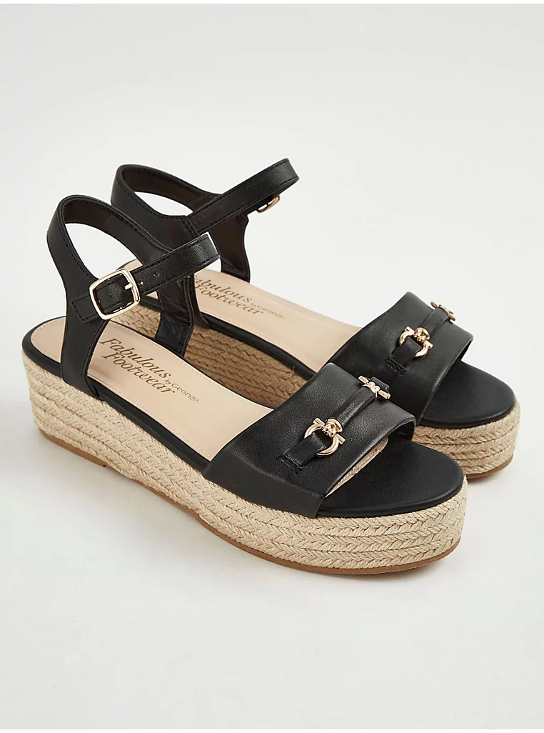 George English Black Strappy Gold Tone Trim Wedge Sandals صندل مجلسی جورج انگلیسی Black Strappy Gold Tone Trim Wedge Sandals