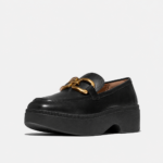 لوفر زنانه برند فیت فلاپ FitFlop F-LUMA Chunky-Snaffle Box-Leather Demi-Wedge Loafers – Black - تصویر 4