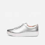 کتونی بنددار زنانه برند فیت فلاپ FitFlop Rally Metallic Leather Trainers – Silver